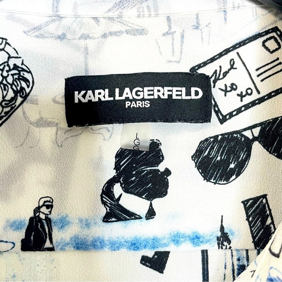Karl Lagerfeld Paris Women's Long Sleeve Whimsical Blue and Black Blouse size L - Picture 9 of 12